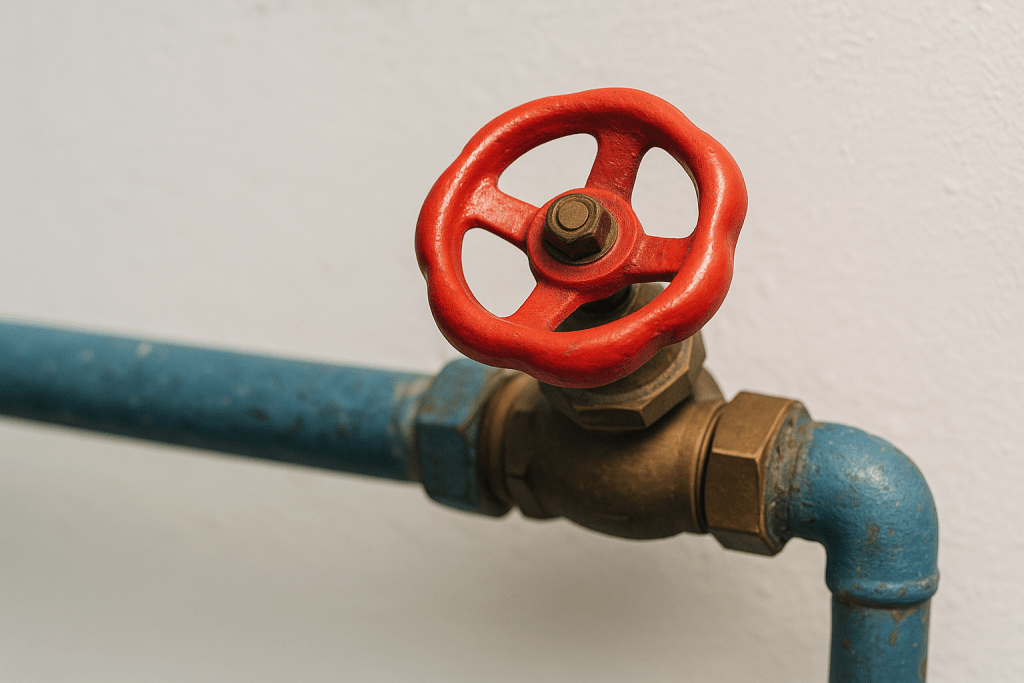 Red valve on a blue pipe, showcasing a common industrial setup. Relevant for discussions on plumbing or infrastructure management.