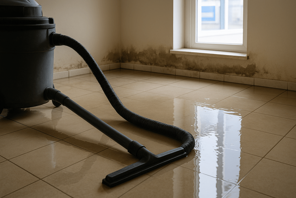 Wet vacuum cleaner in a flooded room with visible water pooling on tiled floor and water damage on the walls. Shows flood damage prevention efforts.